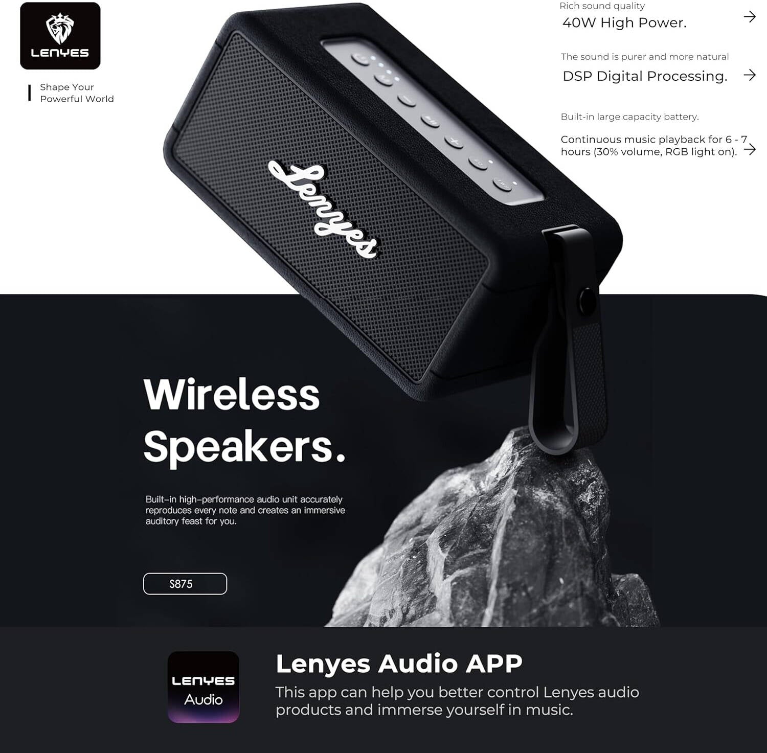 Lenyes Bluetooth 5.3 40W RGB IPX6 Portable Speaker S875