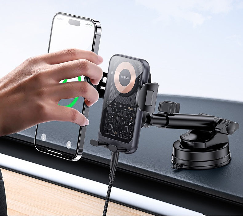 Yesido 360 Rotation Electric Locking 15W Wireless Fast Charging Transparent Car Phone Holder C307