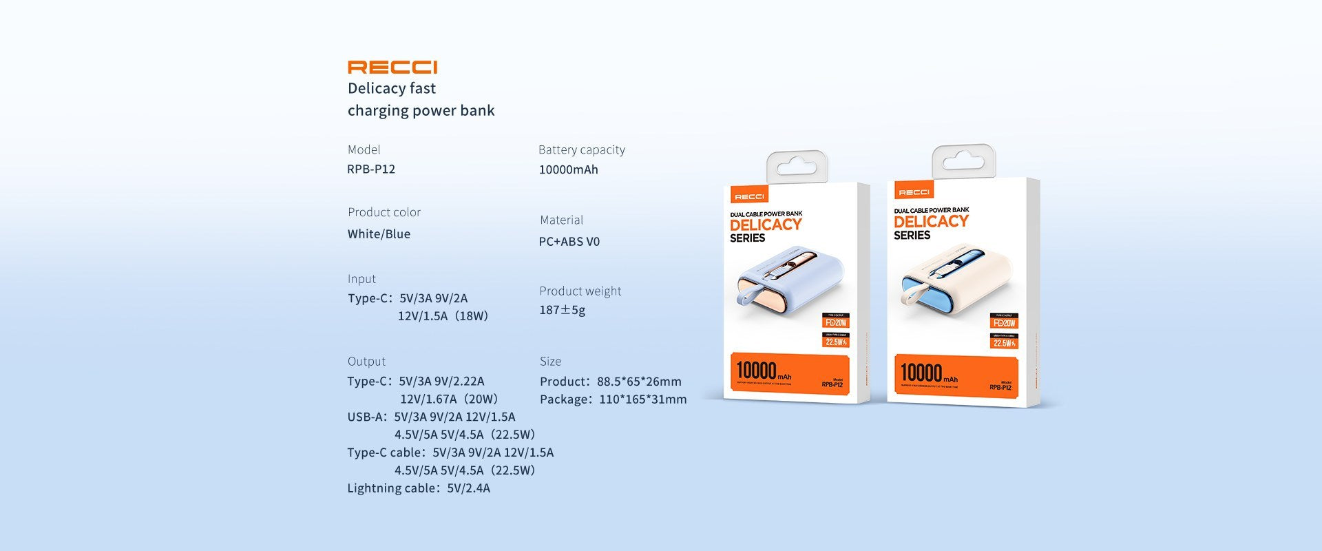 Recci Dual Cable Power Bank 10000mAh Fast Charging RPB-P12