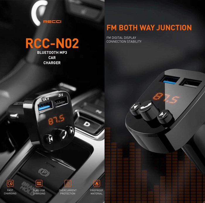 Recci Bluetooth MP3 Dual Ports USB Car Charger